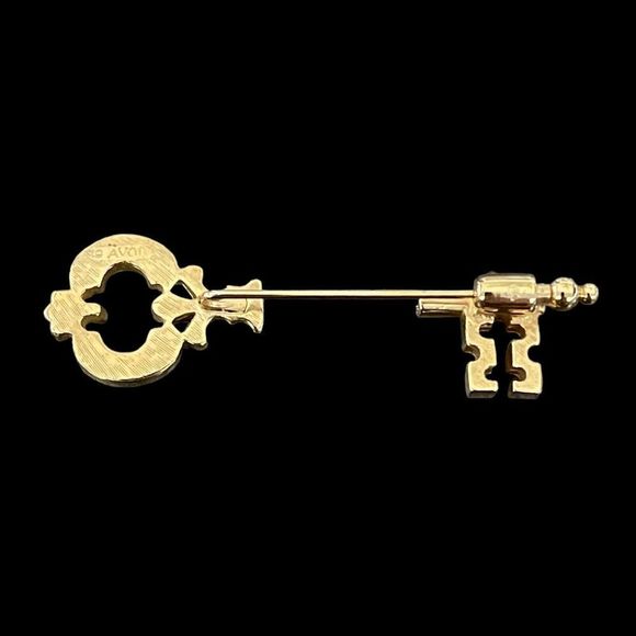 VTG 1978 Signed Avon Gold Tone Metal Skeleton Key Style Stick Lapel Pin 2.25”L - Picture 2 of 4